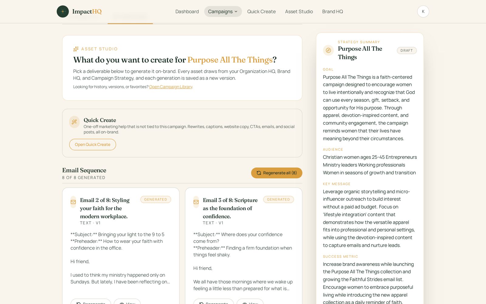 ImpactHQ Asset Studio generating an on-brand email sequence inside a campaign workspace.