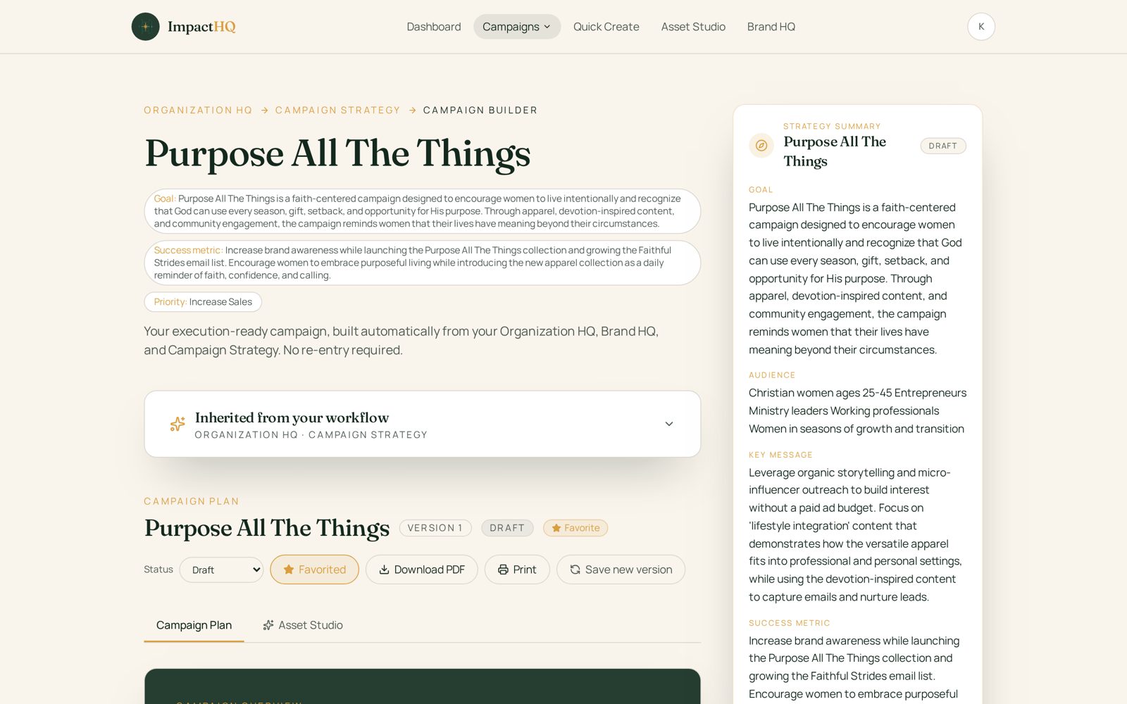 ImpactHQ Campaign Builder showing a campaign plan, strategy summary, and downloadable rollout.